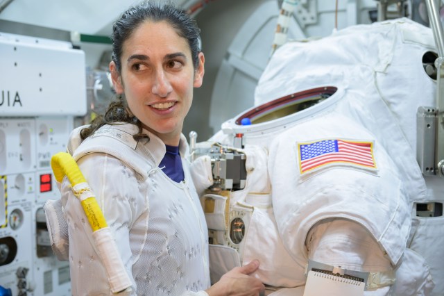 Crew-7 astronaut Jasmin Moghbeli suited up in the Space Station Airlock Vacuum Chamber, or SSATA, on January 31, 2023 as part of her mission training.