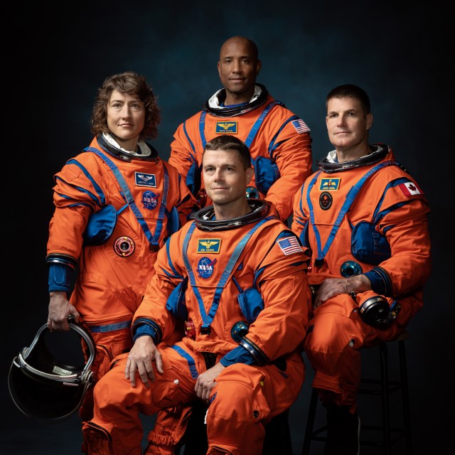 Official crew portrait for Artemis II, from left: NASA Astronauts Christina Koch, Victor Glover, Reid Wiseman, Canadian Space Agency Astronaut Jeremy Hansen