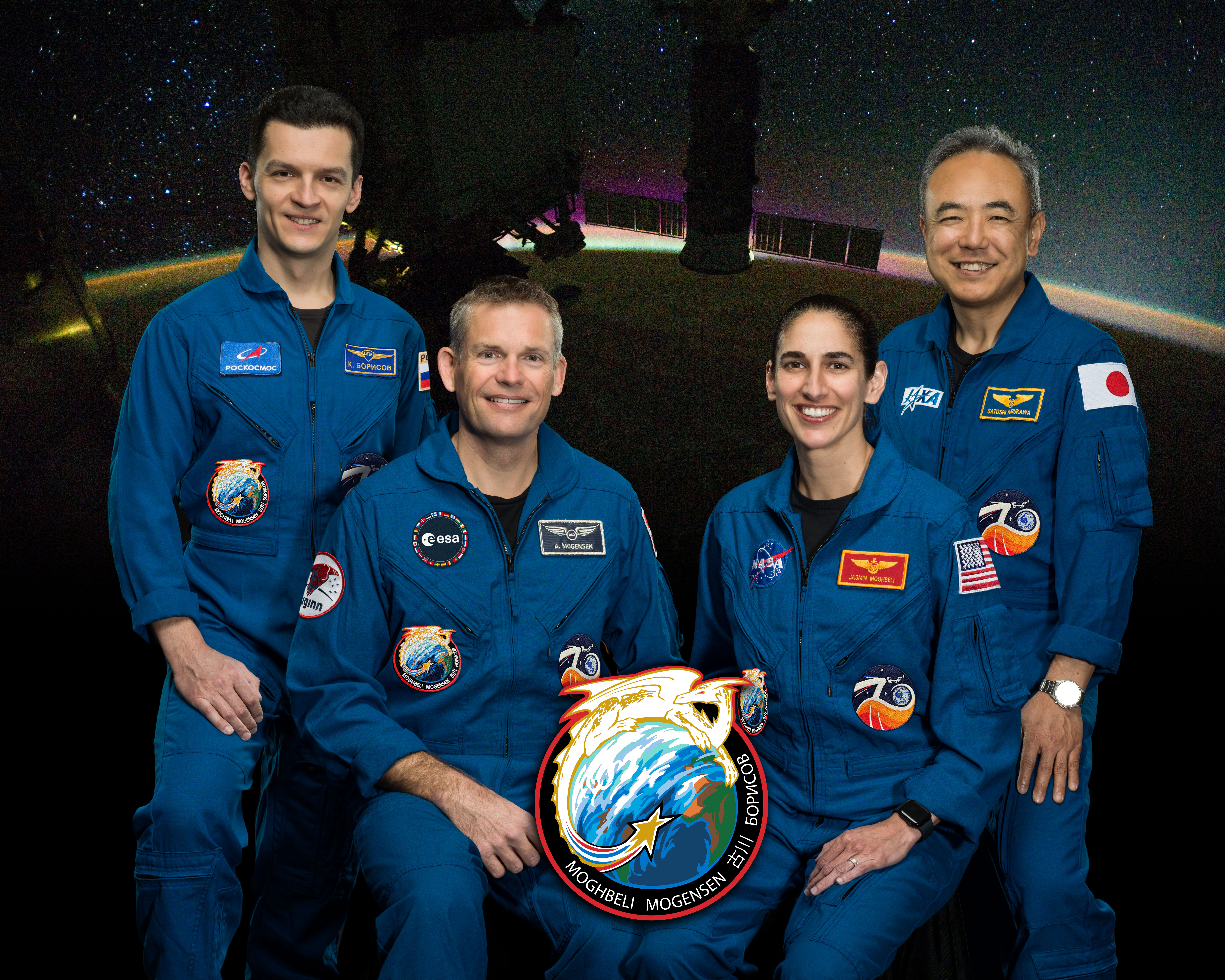 From left, Crew-7 cosmonaut Konstantin Borisov, ESA (European Space Agency) astronaut Andreas Mogensen, NASA astronaut Jasmin Moghbeli and JAXA (Japan Aerospace Exploration Agency) astronaut Satoshi Furukawa pose for a crew portrait.