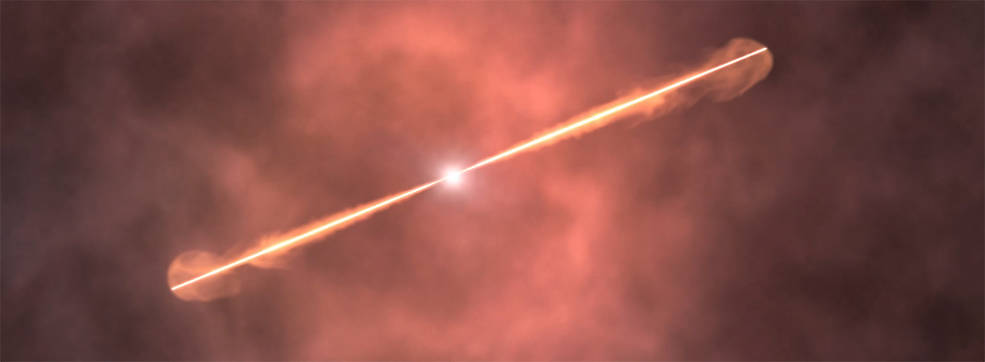On a hazy reddish background, twin white and orange particle jets race away from a doomed massive star at nearly the speed of light. Artist's rendering.