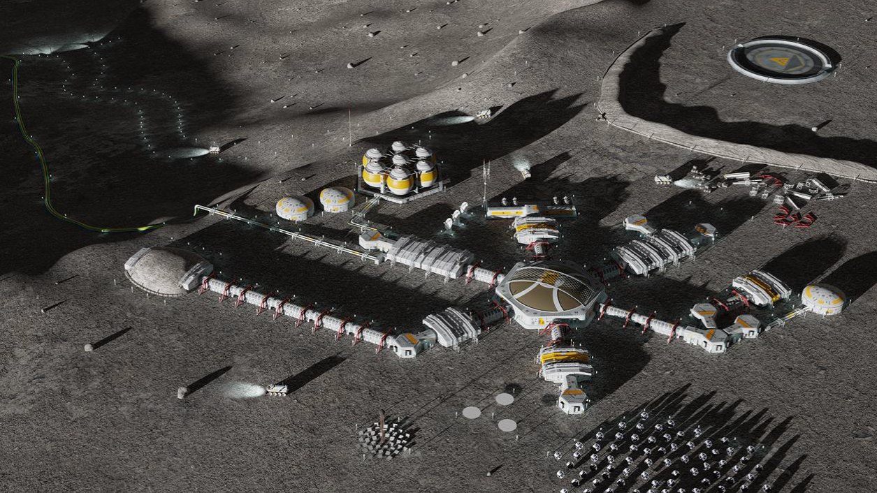 Artist concept showing an aerial view of future lunar surface architecture concepts on the surface of the Moon.