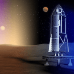 Illustrated cover of a rocket design blueprint standing upright on the surface of a stylized celestial body, with Earth, Moon, Mars, and Venus in the distance.