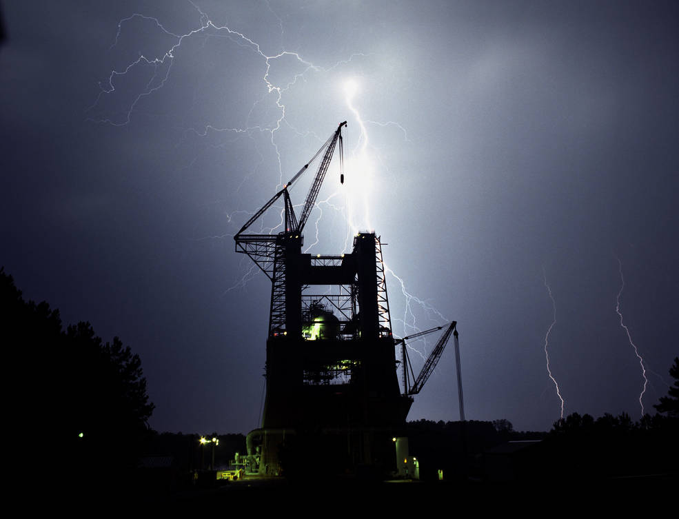Lightning flashes in the distance from Marshall Space Flight Center's test stand on Aug. 29, 1990.