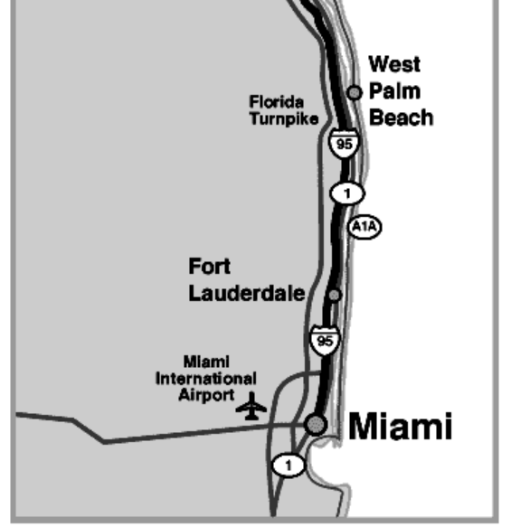 A map showing directions from Miami to Kennedy Space Center in Florida.
