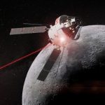A visualization of the Orion spacecraft orbiting the Moon while utilizing a new cutting-edge technology, the Orion Artemis II Communications System (O2O).