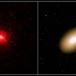 The Markarian 1216 galaxy provides data about its history and evolution in both the X-ray portion of the electromagnetic spectrum as studied by the Chandra X-ray Observatory, right, and the visible portion of the spectrum as studied by the Hubble Space Telescope, left.