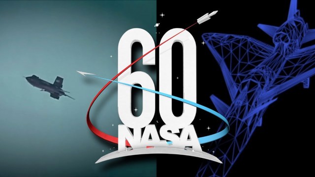 NASAs 60th anniversary logo and behind it are two image of airplanes.