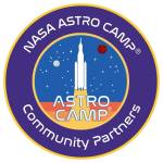 NASA ASTRO CAMP Community Partners logo is purple circle with yellow outline and a white rocket in the center