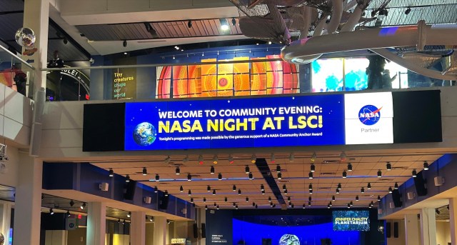 Photo of a sign, the text reads "Welcome to Community Evening: NASA Night at LSC!"