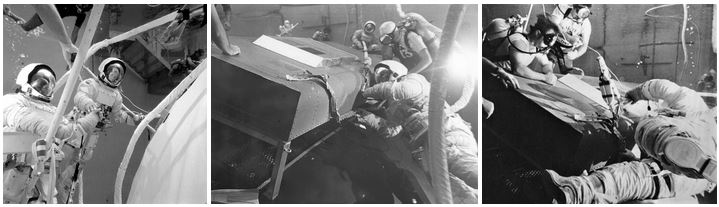 Left: In the Neutral Buoyancy Simulator at NASA’s Marshall Space Flight Center in Huntsville, Alabama, Skylab 2 backup commander Russell L. Schweickart, right, and Skylab 4 astronaut Edward G. Gibson develop procedures for freeing Skylab’s jammed solar array wing. Middle: In the NBS, Schweickart practices cutting through a metal strap jamming Skylab’s remaining solar array wing. Right: Another view of Schweickart in the NBS developing procedures for freeing the jammed array wing.