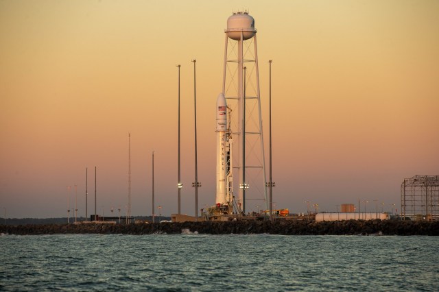 A Northrop Grumman Antares rocket carrying a Cygnus resupply spacecraft is seen on the launch pad at Wallops Flight Facility in Virginia.