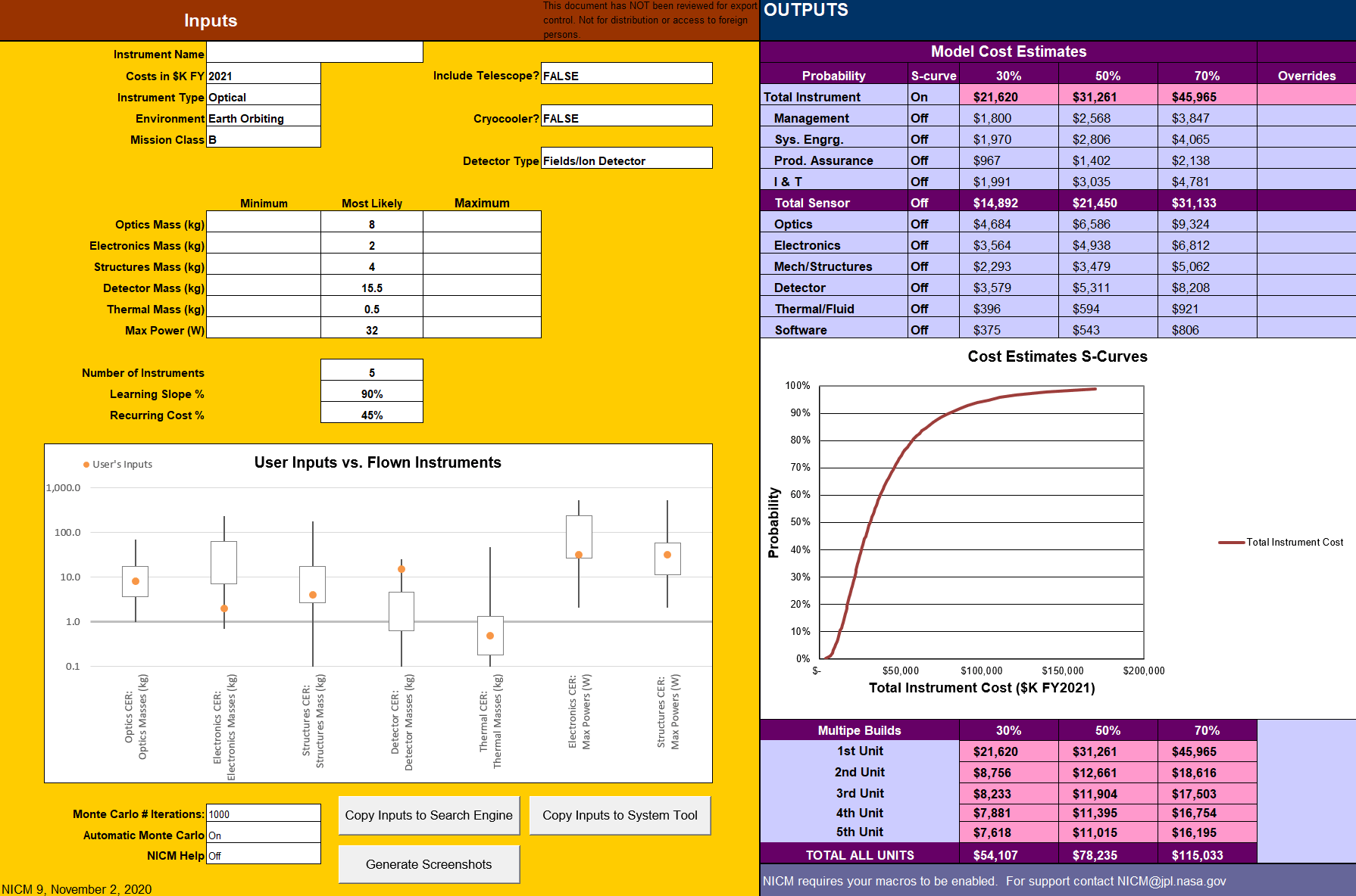 Figure 1 NICM Subsystem Tool interface in Microsoft Excel with an example estimate for a Fields instrument