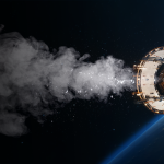 Rendering of rocket tank venting in space.