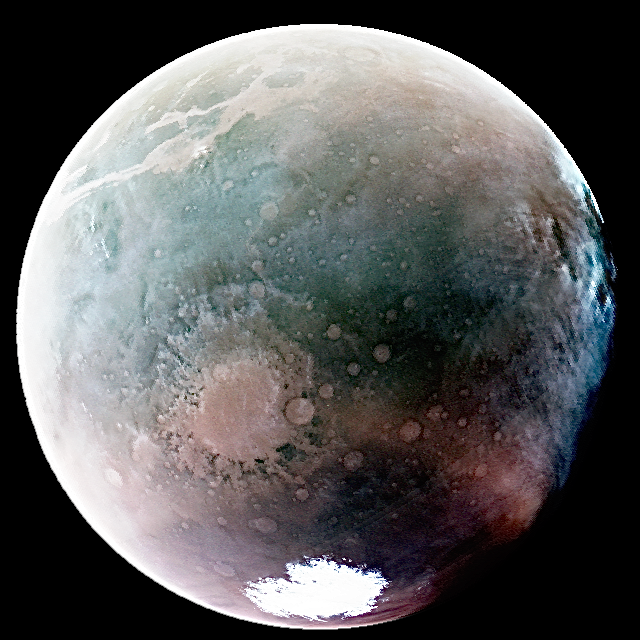 full-disk View of Mars in UV light, colorized; a bright white ice cap shines at the bottom of the frame, with other cratered surface features appearing dull, hazy brown and blue