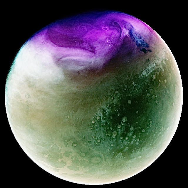 full-disk View of Mars in UV light, colorized; a deep purple hue dominates the top part of the image, with other cratered surface features showing in hazy, muted tones of brown and dark green