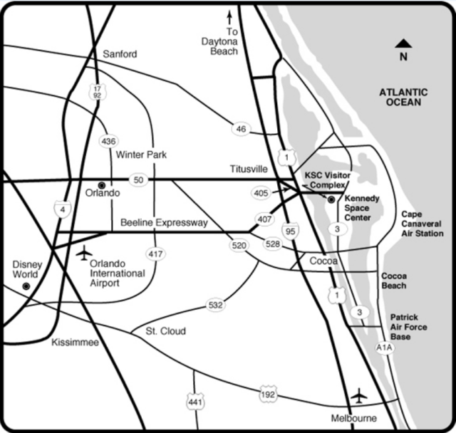 A map showing how to get to Kennedy Space Center from Orlando in Florida.