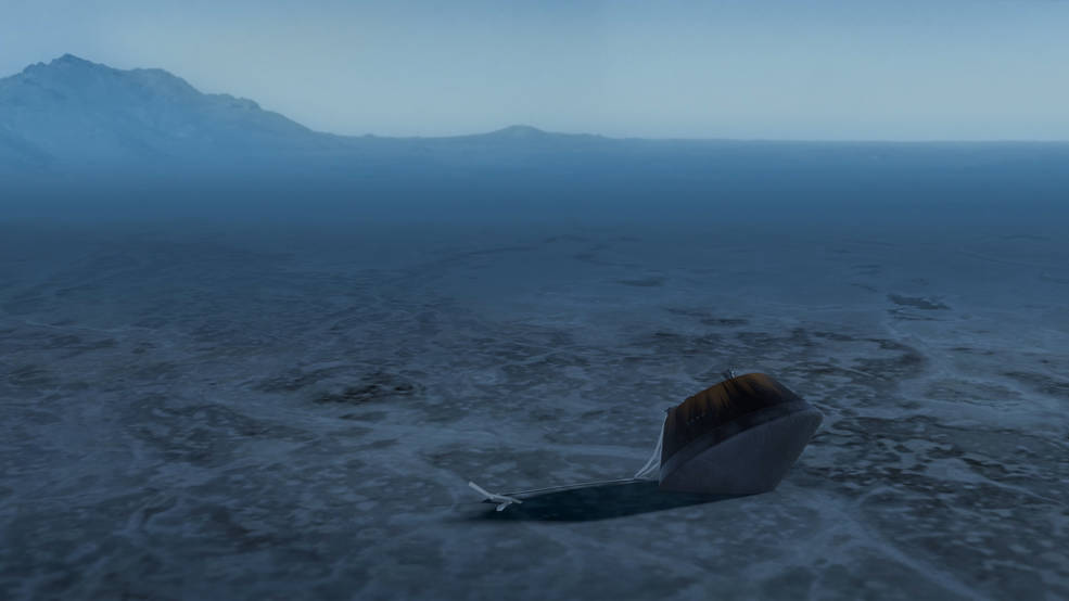Artist's concept of the OSIRIS-REx sample return capsule following its landing via parachute in the Utah desert.