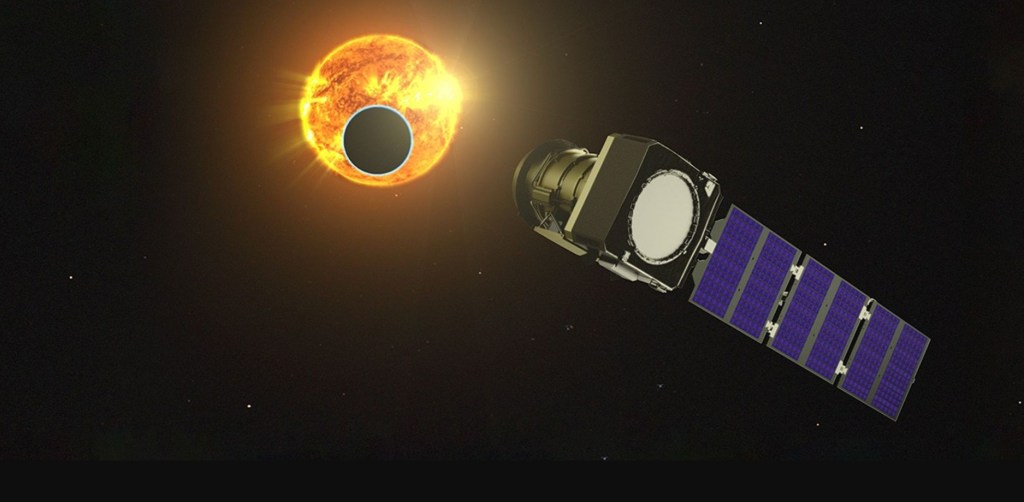 Illustration showing the Pandora satellite pointing at a star while a planet crosses the star. The satellite has one long solar panel. Credit: NASA/JPL-Caltech