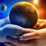 two sets of hands holding the world with a space background