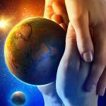 two sets of hands holding the world with a space background