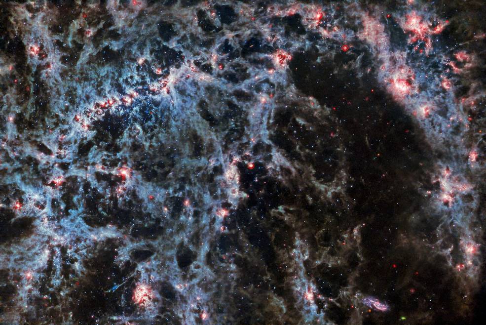 A close-in image of a spiral galaxy, showing its core and part of a spiral arm. A few bright stars are visible throughout it, concentrated in the barred core.