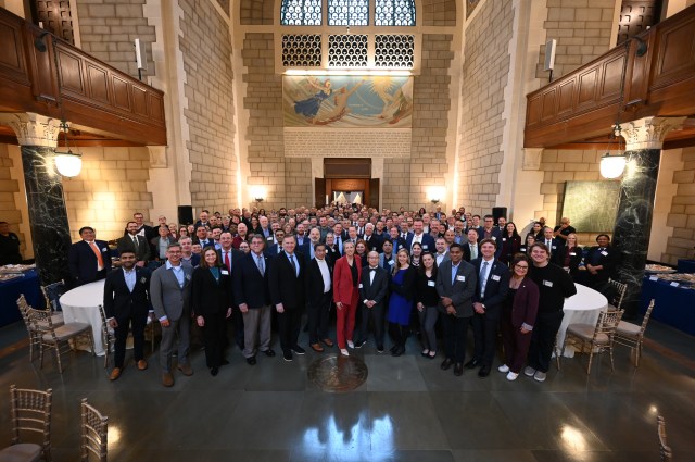 140 attendees representing 110 industry and academic organizations attended the Moon to Mars Architecture Workshop on Feb. 22. In this photo, attendees and NASA personnel gather for a photo in the great hall of the National Academy of Sciences in Washington.