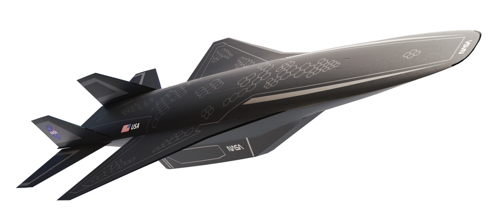 An illustration of a hypersonic vehicle. The vehicle is skinny, long, and somewhat rectangular from overhead with delta wings. It is covered in black tiles and has the NASA logotype and logo.
