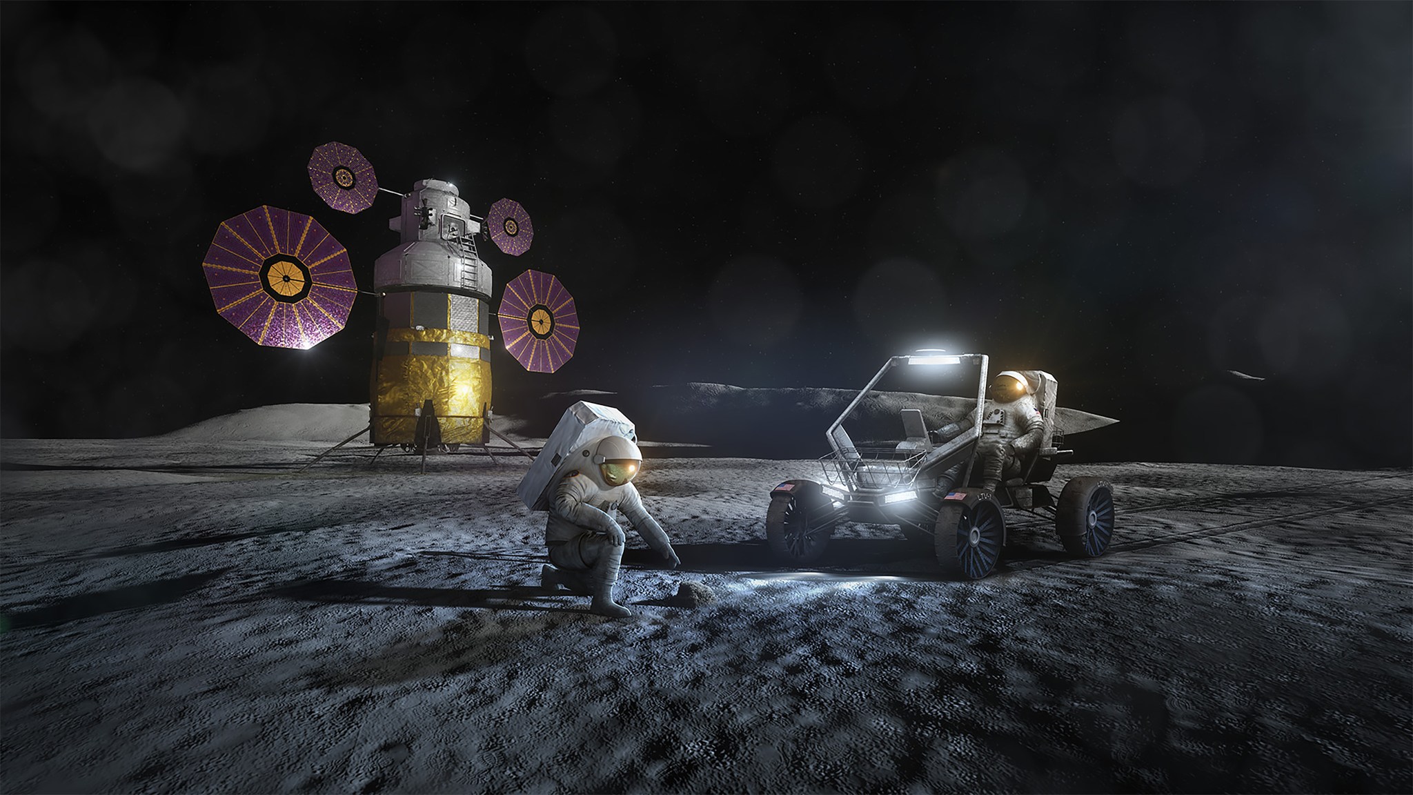 An artist's concept illustration of an astronaut kneeling down and working on the surface of the Moon with another astronaut sitting in a nearby Lunar Terrain Vehicle.