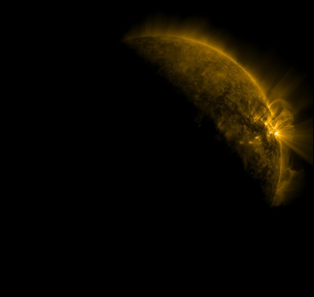 The Fall 2011 eclipse season started on September 11. Here is an AIA 171 image from 0657 UT with the first eclipse! SDO has eclipse seasons twice a year near each equinox. For three weeks near midnight Las Cruces time (about 0700 UT) our orbit has the Earth pass between SDO and the Sun. These eclipses can last up to 72 minutes in the middle of an eclipse season. The current eclipse season started on September 11 and lasts until October 4.