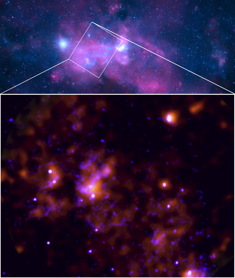 Two images are on top of each other. The top hosts a variety of pinks, purples and blues. A blue outlined triangle is in the top image to let people know that is the section that is zoomed in. On the bottom a black and dark pink mix is shown.