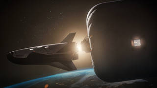 Artists concept of Sierra Spaces crewed Dream Chaser spaceplane docking to the companys LIFE habitat.