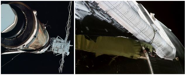 Left: Photo of Skylab taken during the Skylab 2 crew’s inspection fly-around, showing the missing micrometeoroid shield, the remains of the missing solar array wing (loose wiring at top) and the jammed solar array wing (at bottom). Right: Close-up of the debris of the micrometeoroid shield keeping the remaining solar array from opening.