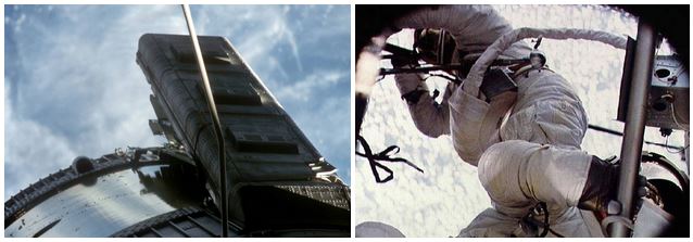 Left: The view of the jammed solar array wing as Conrad and Kerwin would have seen it at the start of their spacewalk – the astronauts actually took the photo on the mission’s first day during their flyaround inspection of the station. Right: In space, Skylab 2 astronauts Joseph P. Kerwin (left) and Charles “Pete” Conrad during the spacewalk to free the jammed solar array, photographed by Paul J. Weitz from inside Skylab’s Multiple Docking Adapter.