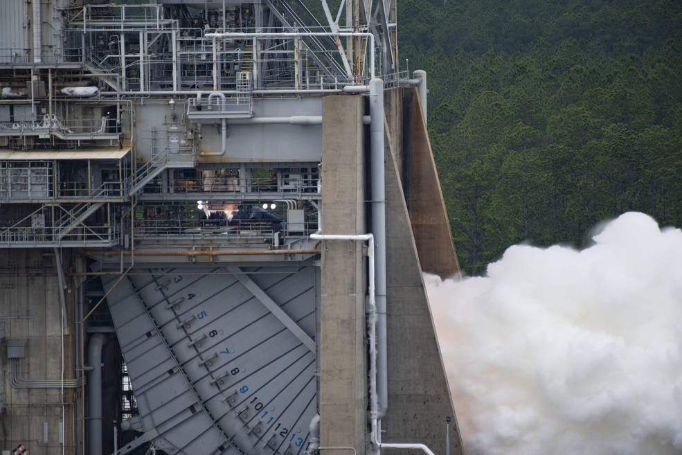 The hot fire on the Fred Haise Test Stand at NASAs Stennis Space Center near Bay St. Louis, Mississippi, marked the ninth in a critical 12 test series