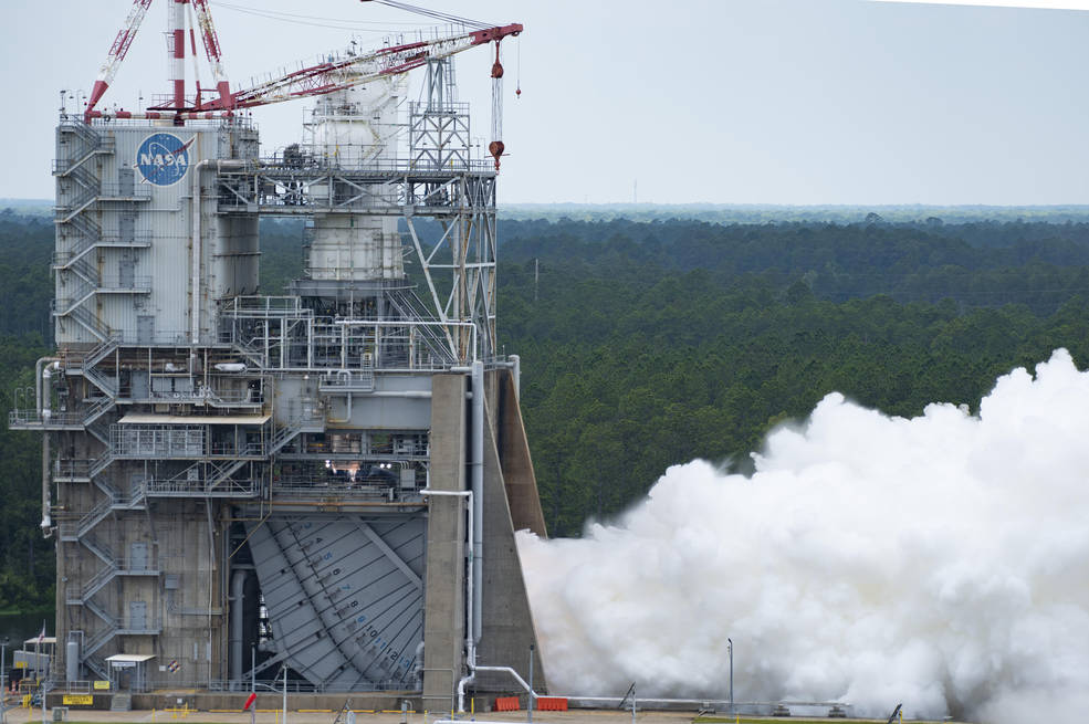 The hot fire on the Fred Haise Test Stand at NASAs Stennis Space Center near Bay St. Louis, Mississippi, marked the ninth in a critical 12 test series