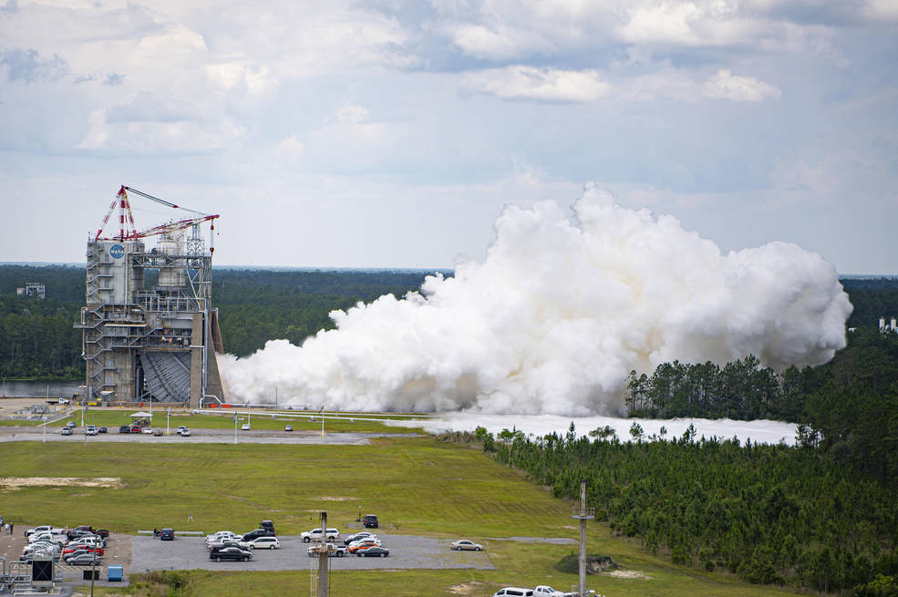 The hot fire on the Fred Haise Test Stand at NASAs Stennis Space Center near Bay St. Louis, Mississippi, marked the ninth in a critical 12 test series