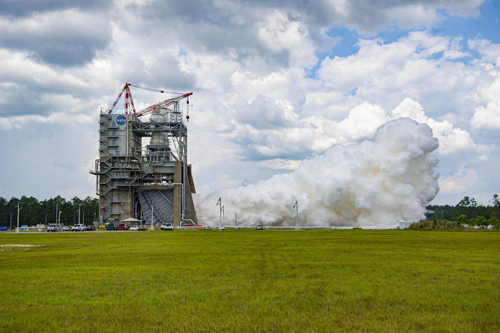 The hot fire on the Fred Haise Test Stand at NASAs Stennis Space Center near Bay St. Louis, Mississippi, marked the ninth in a critical 12 test series