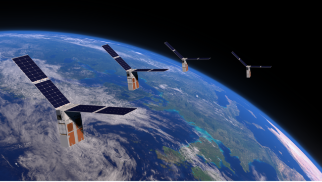 An illustration of a swarm of four satellites -- rectangular units with solar panels extending at the top from both sides -- with Earth in the background.