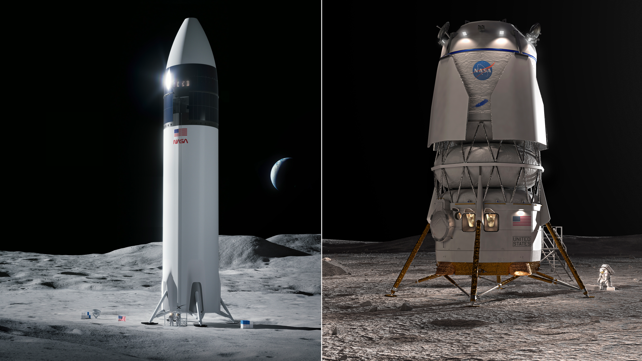 Side-by-side illustrations of the SpaceX Starship lunar lander and the Blue Origin Blue Moon lunar lander. Each is on the lunar surface, with astronauts nearby and Earth in the distance.