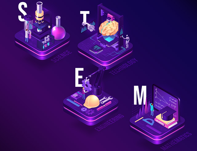 NASA STEM Virtual Toolkit graphic that spell out STEM (S is for Science); (T is for Technology); (E is for Engineering) and (M is for Math). Each letter has various graphics representing each category.