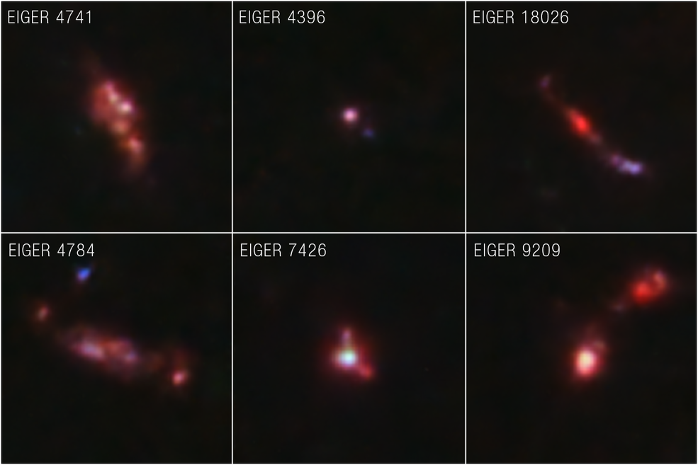 Six galaxies appear in boxes, three by two. All carry an EIGER label at top left. The galaxies look like faint smudges: faint paintbrush strokes with dots, or small points of light. Most appear in pinks and reds, though a few contain some purple or blue.