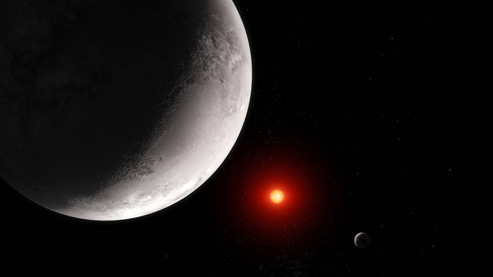 Illustration of a large rocky exoplanet in the foreground, a smaller rocky exoplanet in the background, and their red dwarf star in the center.