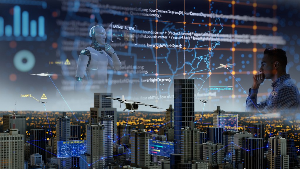 Graphic showing the framework of an In-Time Aviation Safety Management System, with a robot and human contemplating the grid