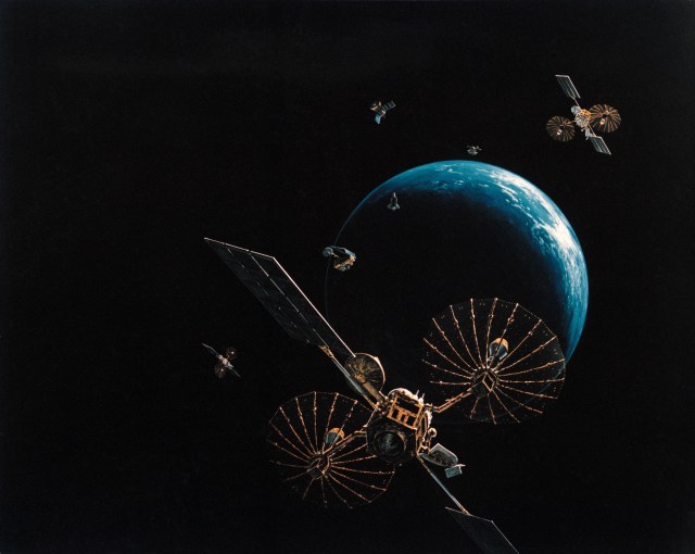 Artist concept shows the Tracking and Data Relay Satellite E (TDRS-E) augmenting a sophisticated TDRS system (TDRSS) communications network after deployment during STS-43 from Atlantis, Orbiter Vehicle (OV) 104.