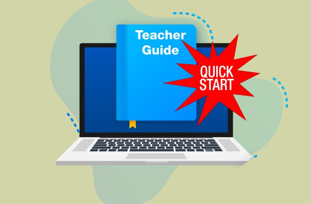 Quick Start Guide for FBM Simulator graphic showing a vector drawn computer with a book in front of it that says Teacher's Guide with a red starburt that says Quick Start.