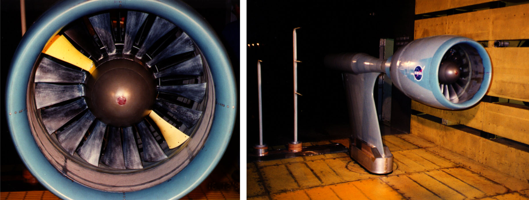 Two images. Left image shows a close up front view of the Temperature-Sensitive Paint on rotating fan blades. Righ images shows a side image of the same rotating fan.