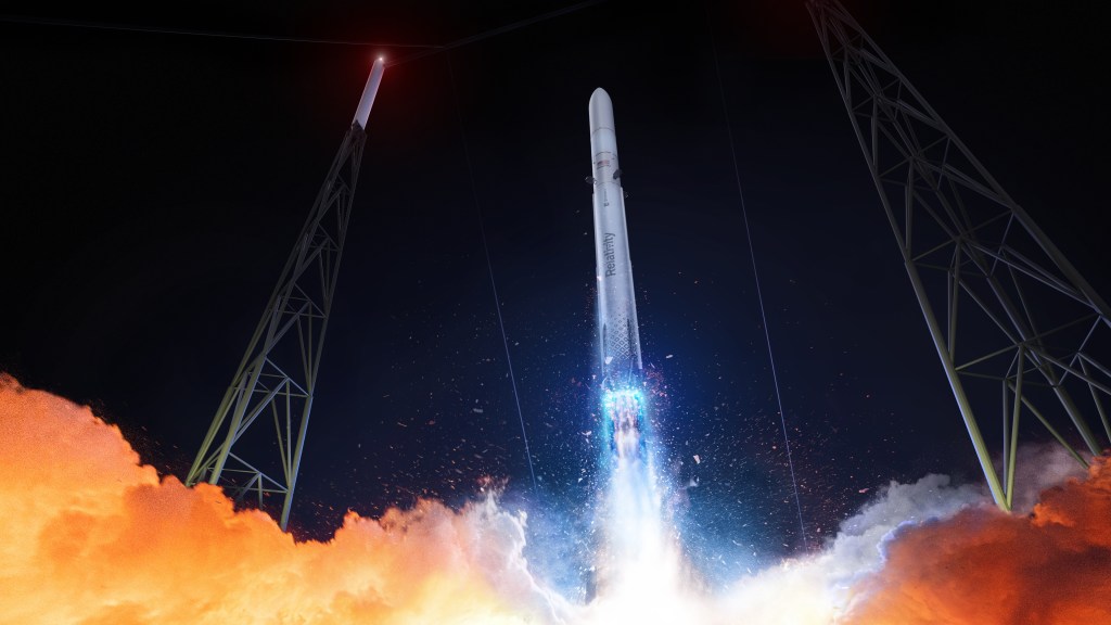 Rendering shows a Terran R rocket from Relativity Space launching vertically. There is a plume of liftoff and ignition in a night time sky.
