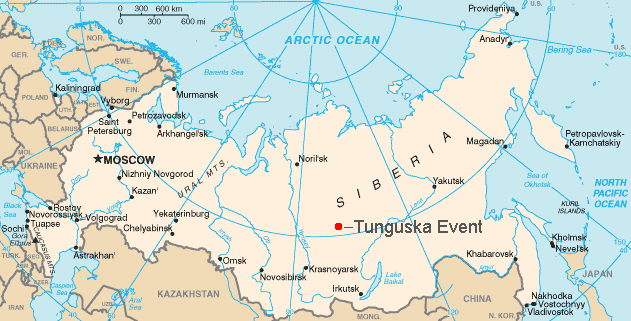 Map of Russia showing Tunguska event