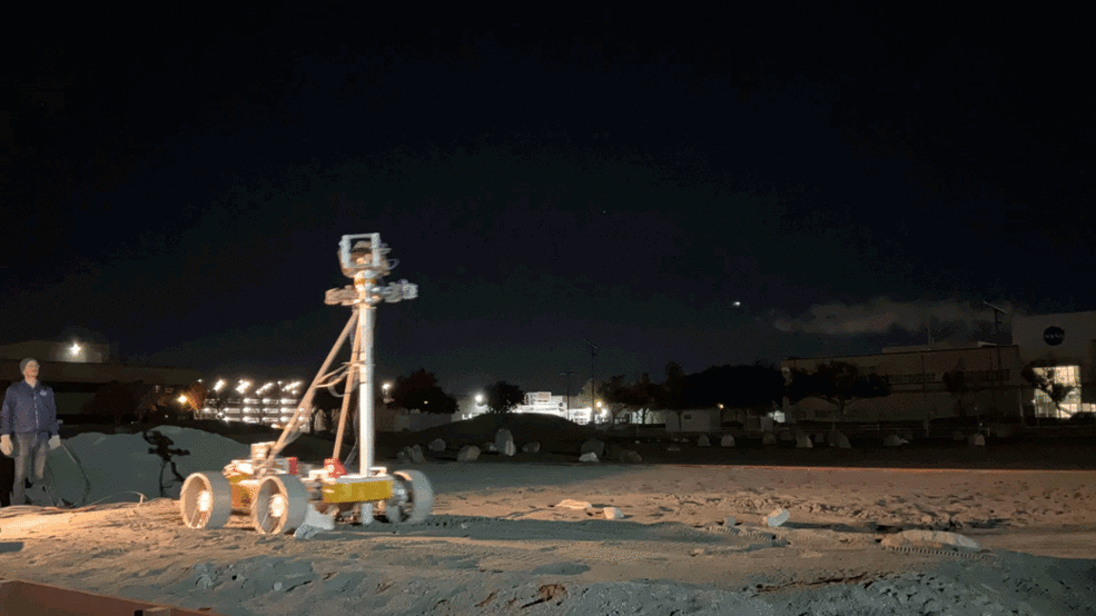 Engineers perform tests using a prototype VIPER rover at night in the Roverscape at NASA Ames Research Center in California's Silicon Valley.