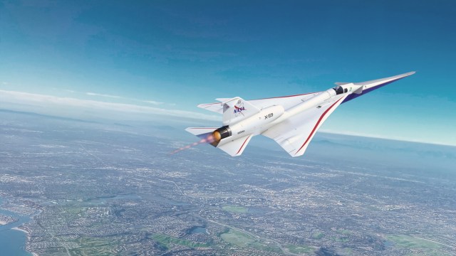 An aerial view of the artist illustration of the X-59 in flight over land.